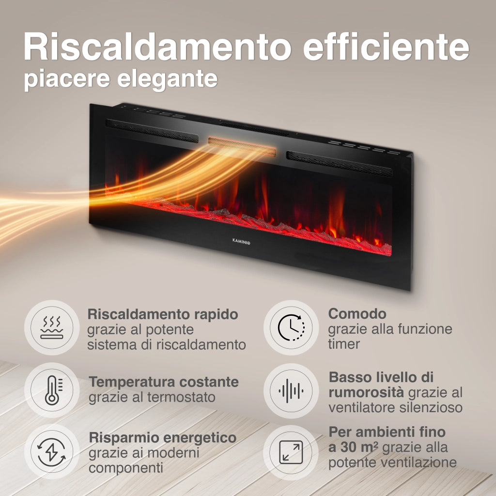 KAMINIO Camino elettrico MARLON - Camino elettrico 3 in 1 con riscaldatore, effetto fiamma 3D, 12 colori di fiamma, telecomando - 60 pollici