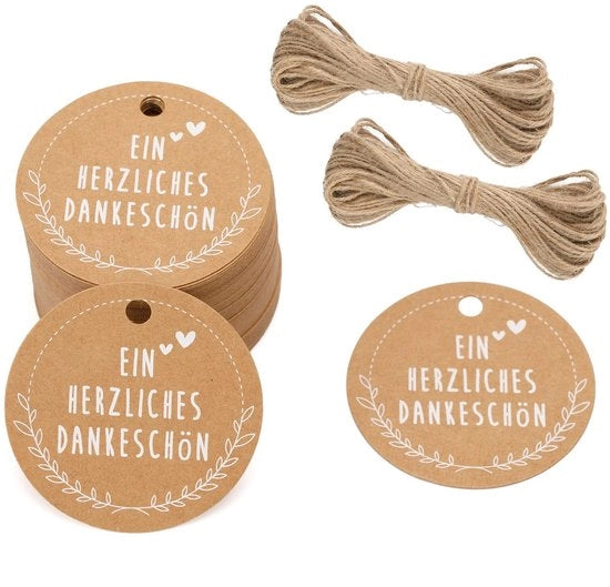 Etichette per Cadeau - 100 Stuks - 5 cm Etichette Ronde - Corda in Juta - Regali per Ospiti - Decorazione
