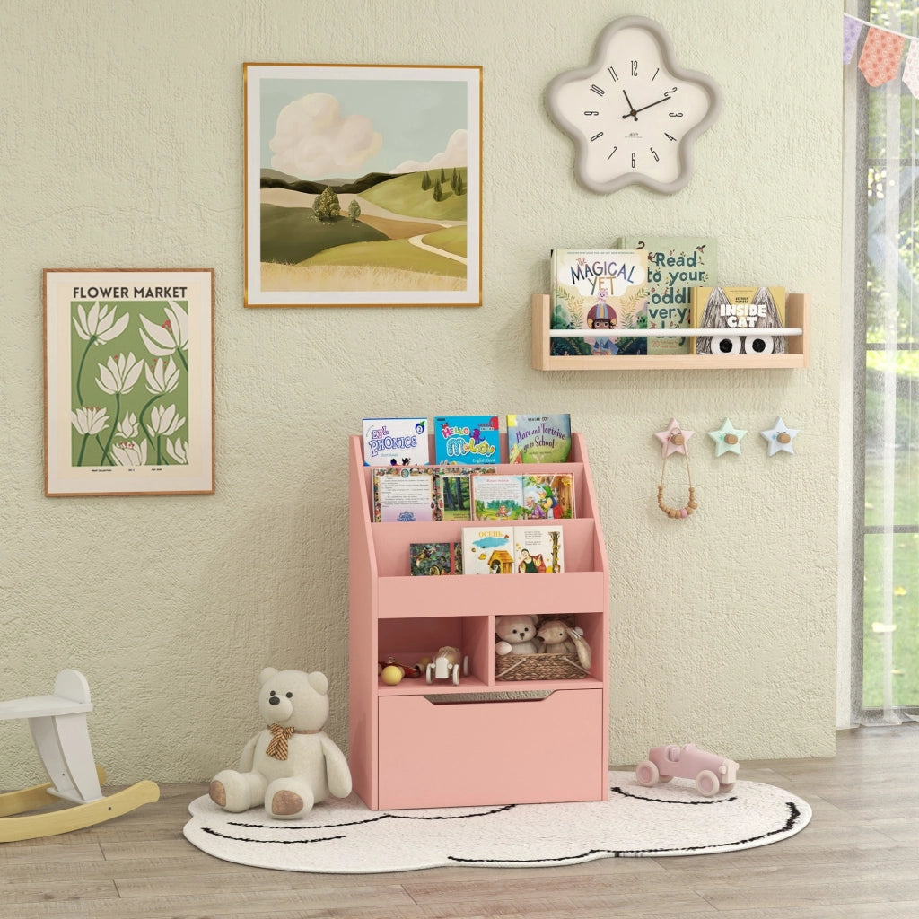 Piccola Libreria per Bambini con Ripiani e Cassetto in MDF, 60x29.9x90cm, Rosa