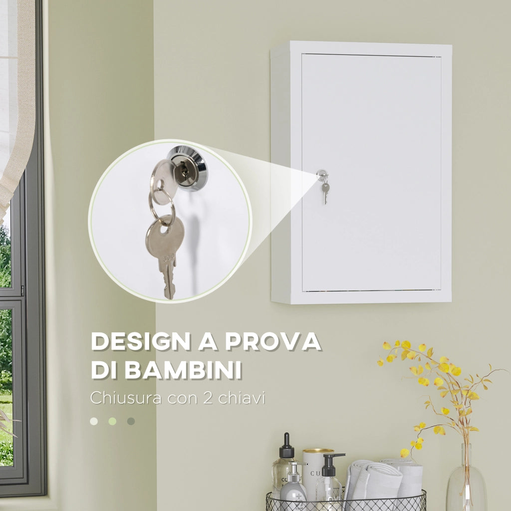 EasyComfort Armadietto Medicinali a 3 Ripiani in Acciaio Inox con 2 Chiavi e Montaggio a Parete, 30x14x46 cm, Bianco