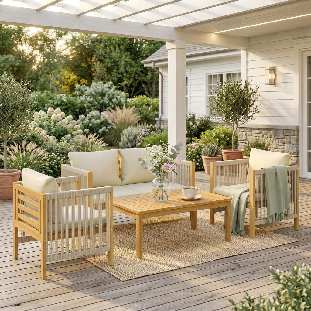 Set da giardino in legno con divano 2 posti 2 poltrone e tavolo ¨C zephmum ¨C cuscini lavabili
