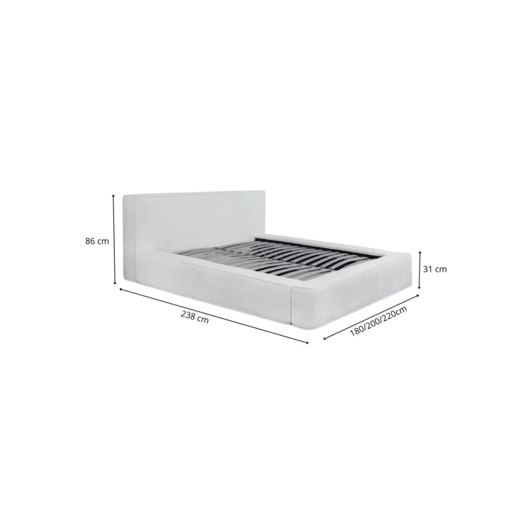 Letto contenitore VELORA – Sabbia ricciolata – 140x200 cm – Tessuto effetto lana – Rete sollevabile – Spazio di stoccaggio integrato