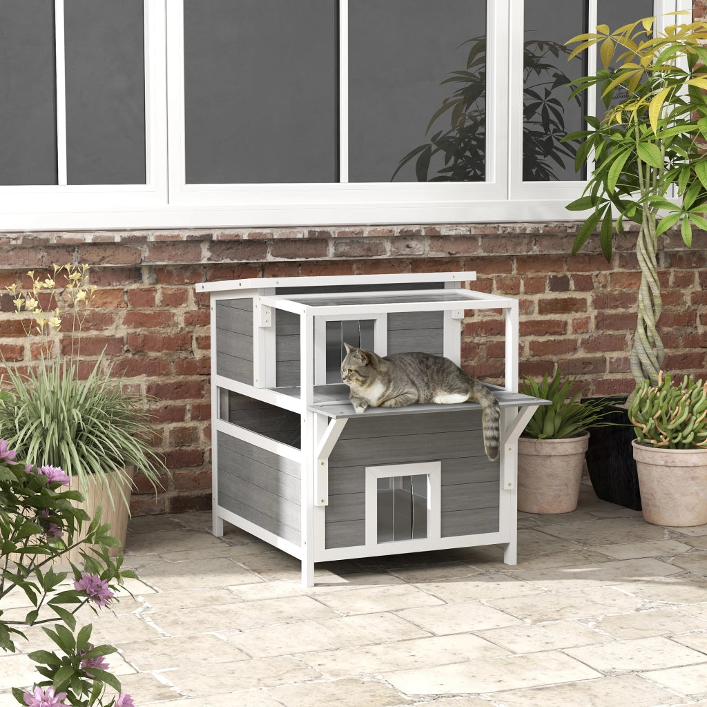 Casetta per gatti 2 livelli con balcone ¨C Xylo ¨C grigio chiaro