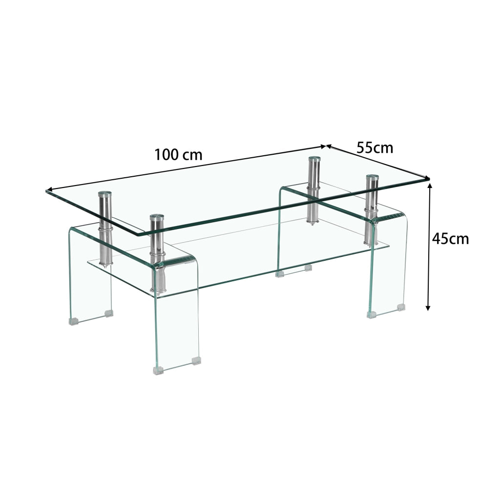 TAVOLO da caffè in vetro temperato 100x55x45 cm Trasparente Metallo