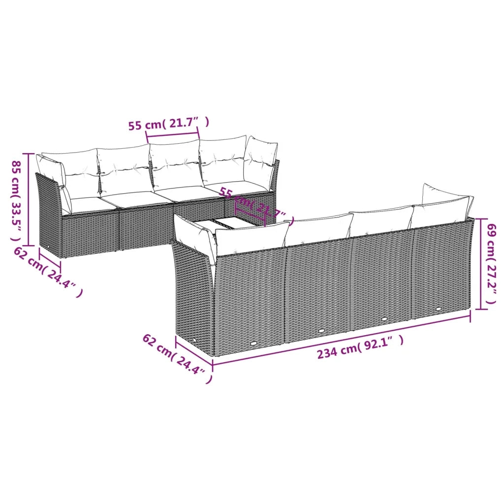 Set Divano da Giardino 9pz con Cuscini Grigio Chiaro Polyrattan 3249151