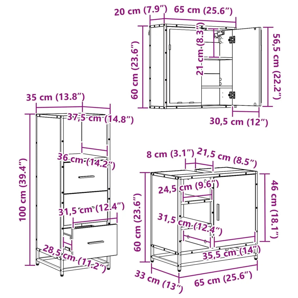 Set di mobili per il bagno 3 pcs Rovere Nero Legno multistrato