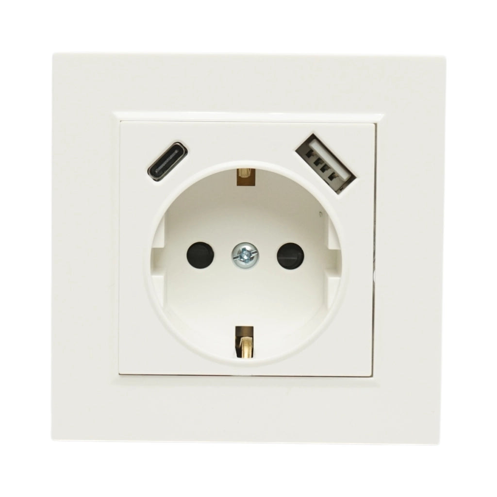 Presa Schuko da incasso bianca 220V, 16A, 2xUSB A+C 5V 2.1A, ABS 80x80mm