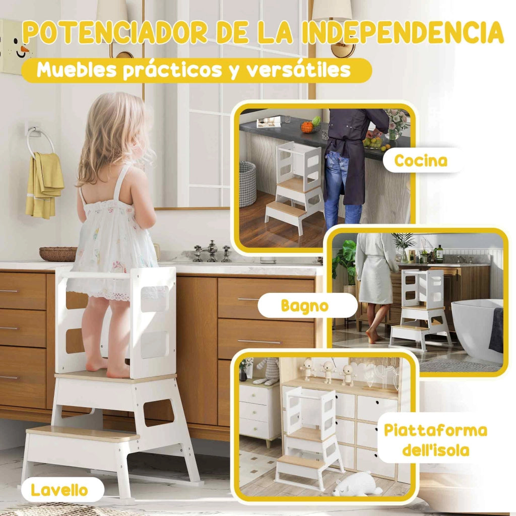 Torre di apprendimento per bambini ¨C zephmum ¨C con pannello lavagna e barriera sicurezza 55x52,5x87,5 cm bianco