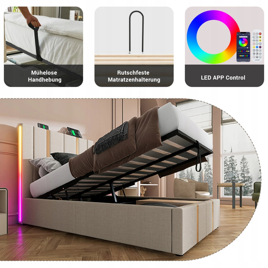 Letto imbottito 90x200 - Xylo - Beige, USB-C e LED