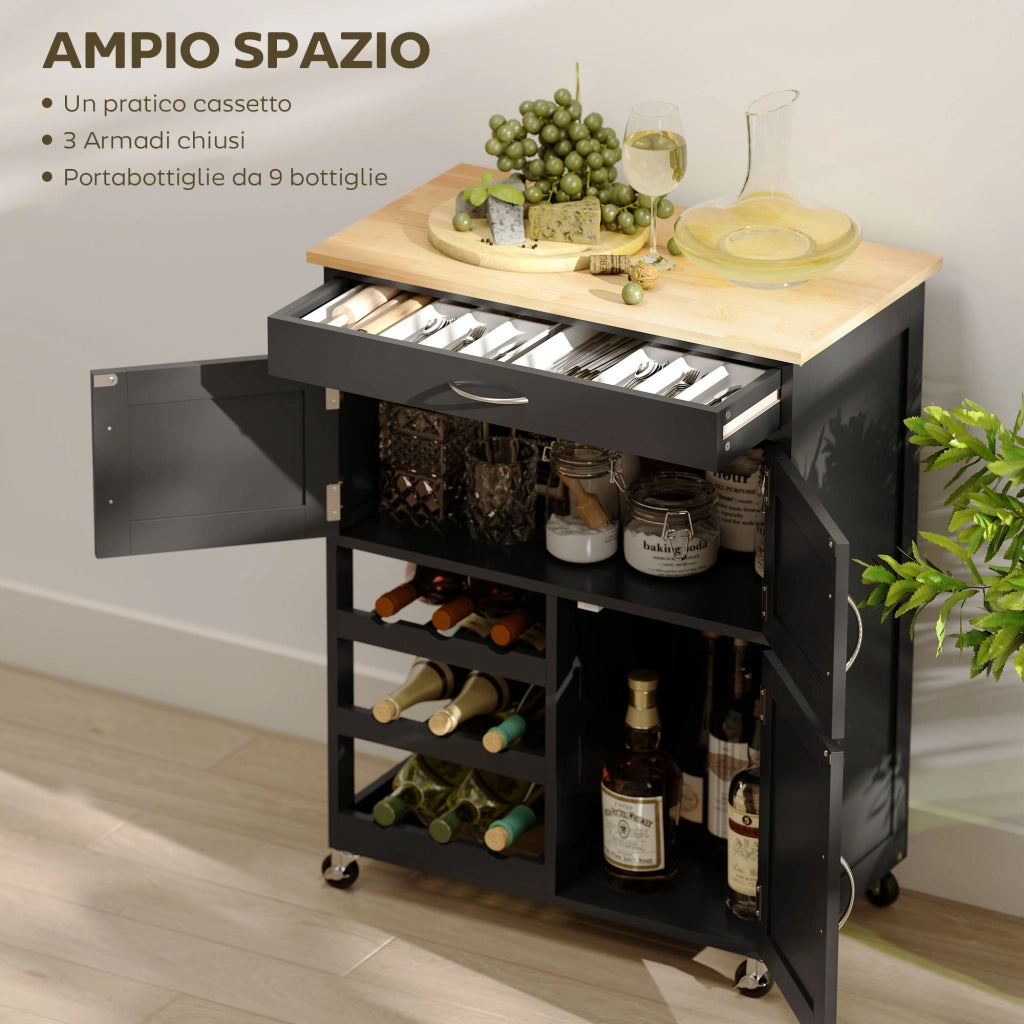 Carrello Portabottiglie da Cucina in Legno con Ante e Cassetto ¨C Zephmum ¨C Nero e Rovere 67x37x87 cm