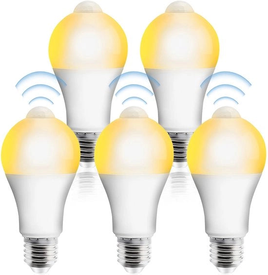 Set di 5 Lampade a LED con Sensore di Movimento - 12 W - 1100 Lumen - 2700 K - Connettore E27 - Non Dimmerabile - Lampada a Sensore di Movimento