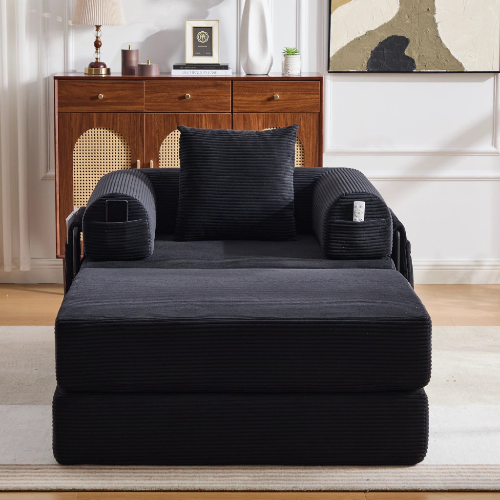 Divano modulare con tasca laterale e cuscino, seduta ergonomica in velluto a coste Nero