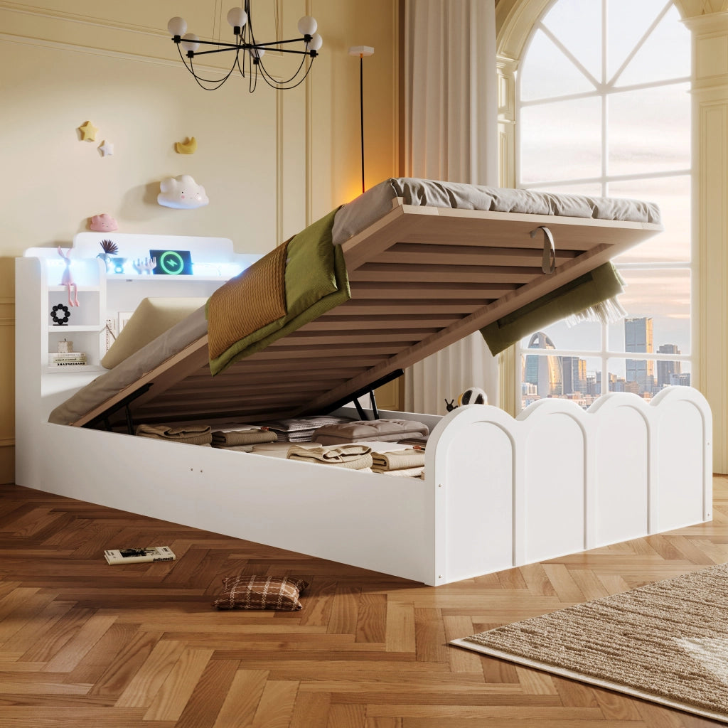 Letto a pannello - Zephmum - 90x200 cm - Bianco - Idraulico, USB-C, LED, comando a pressione/app