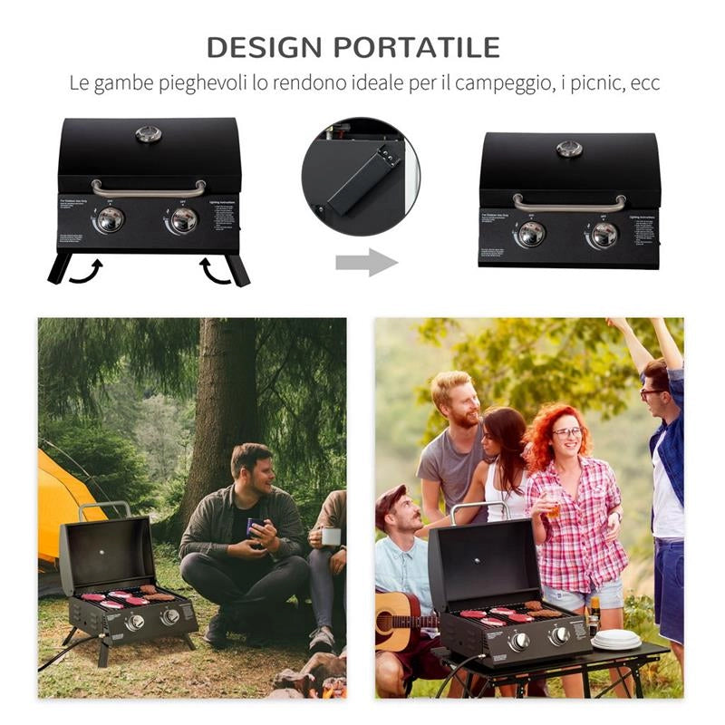 BARBECUE A GAS PIEGHEVOLE CON COPERCHIO, TERMOMETRO E 2 BRUCIATORI IN ACCIAIO