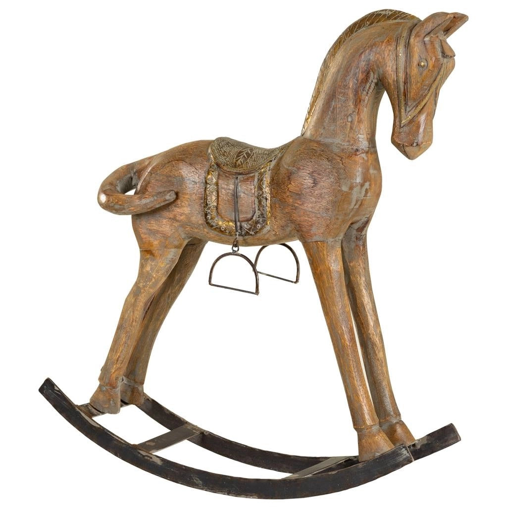 Cavallo a dondolo legno artigianale marrone 56x14x58h cm