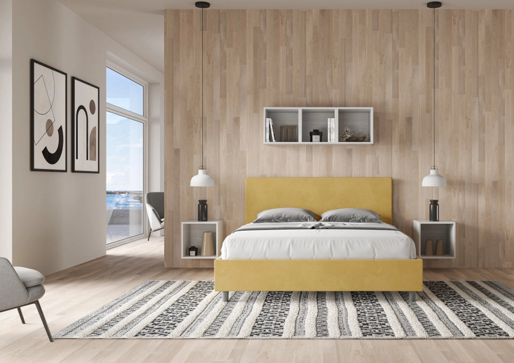 BS COM Letto queen size con rete imbottito 150x200 microfibra ocra