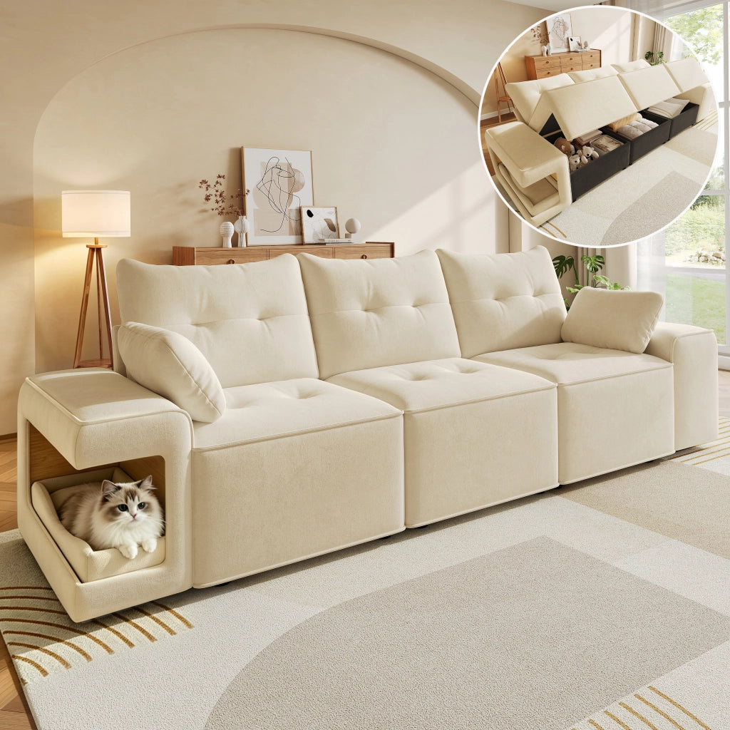 DIVANO Modulare 3 Posti 229,5x78x84 cm Velluto Beige con 2 Cuscini e Contenitore