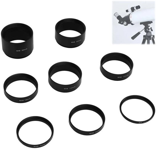 Estensione ottica 8 pezzi - M48x0,75 lunghezza del filo 3/5/7/10/12/15/20/30 mm - alluminio leggero - telescopio fotografico - ottima risoluzione - estensione