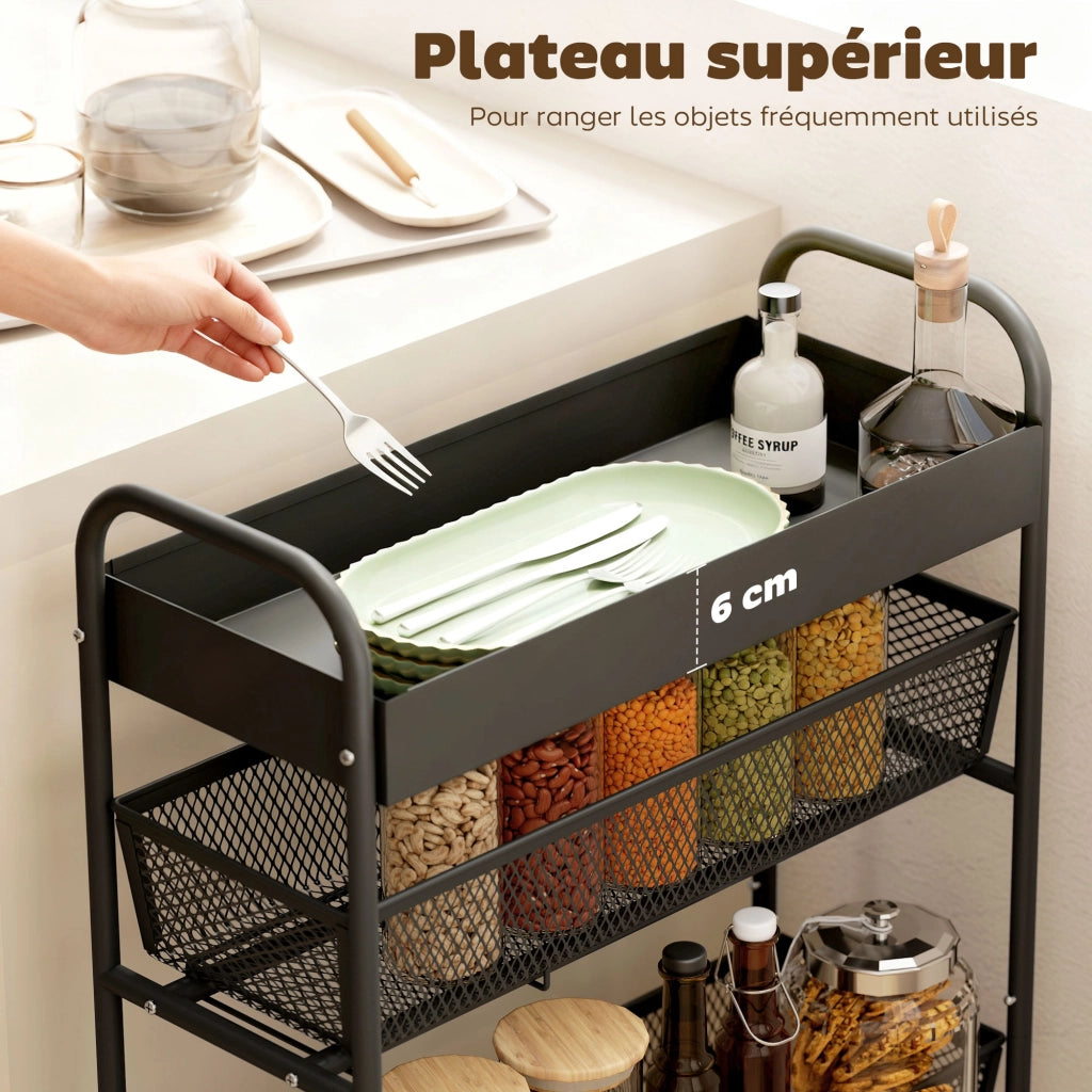 Carrello portaoggetti 4 ripiani con rotelle ¨C Xylo ¨C 3 cassetti scorrevoli metallo nero 19x43x80cm