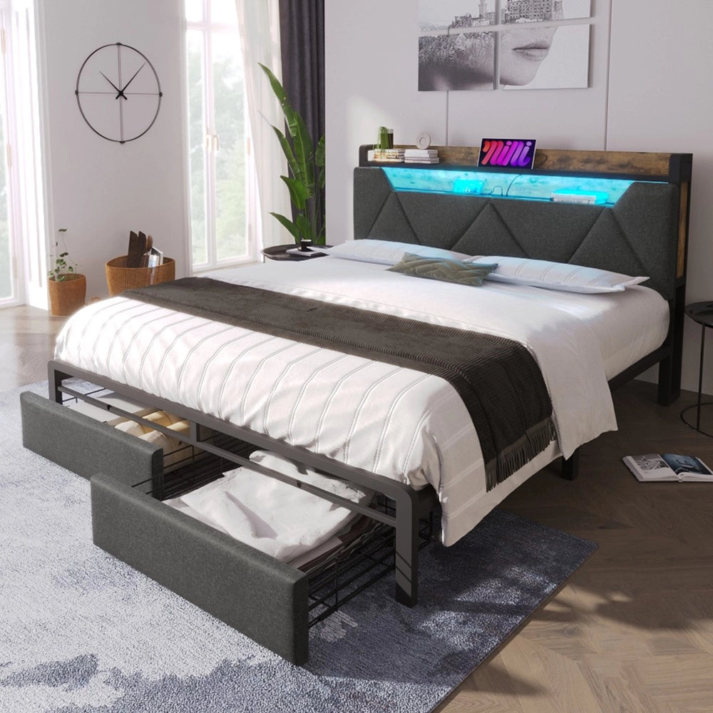 Letto Contenitore Imbottito con LED e Cassetti ¨C MINIMAL ¨C Grigio 160x200