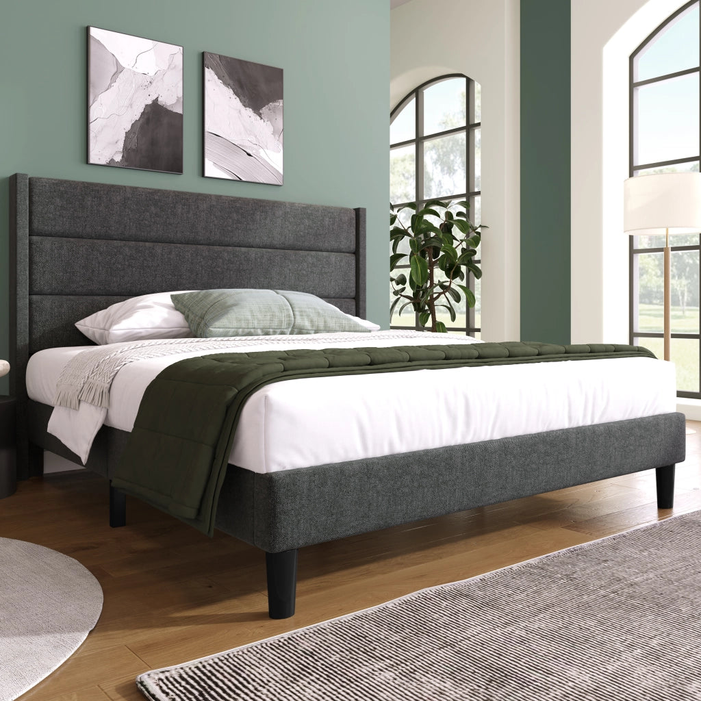 LETTO Imbottito 140x200 cm Tessuto Lino Grigio con rete a doghe e testiera