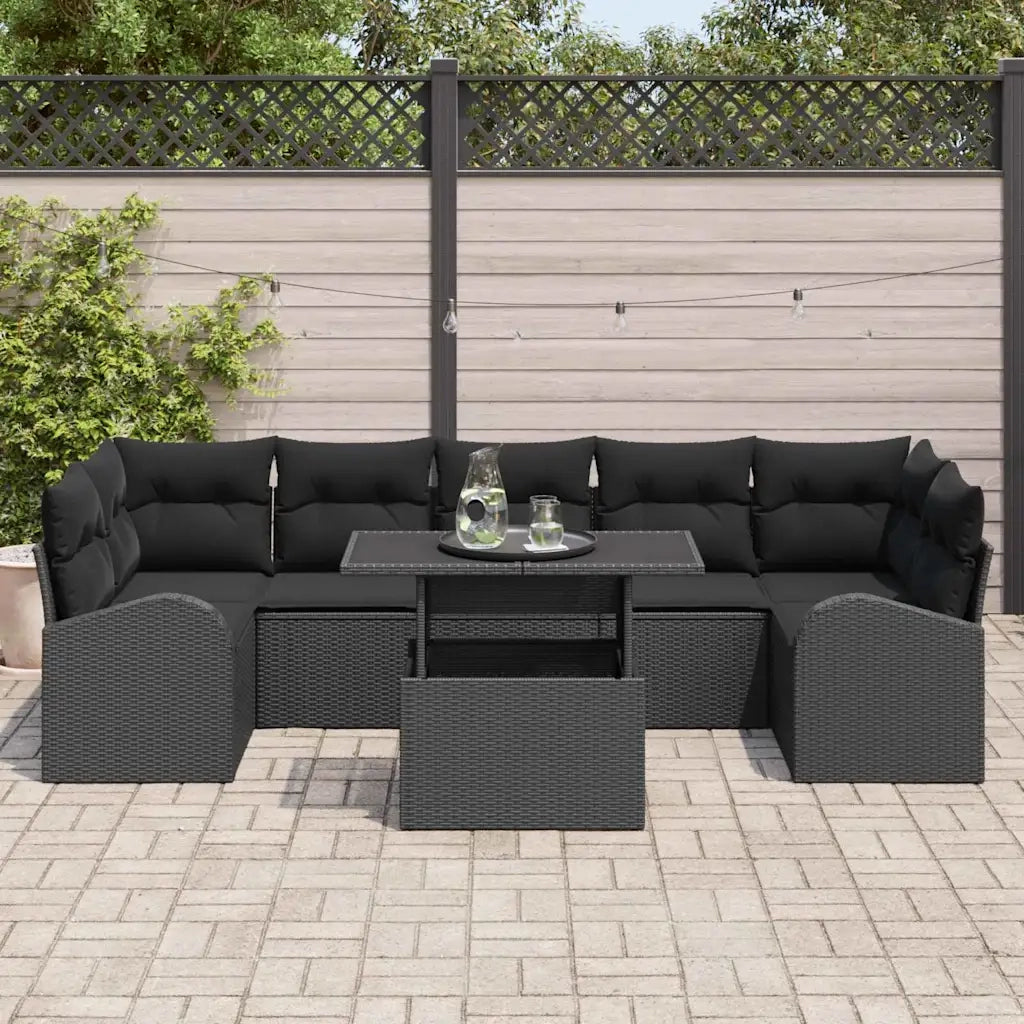 Set Divano da Giardino con cuscino 8 pcs Nero Poly Rattan