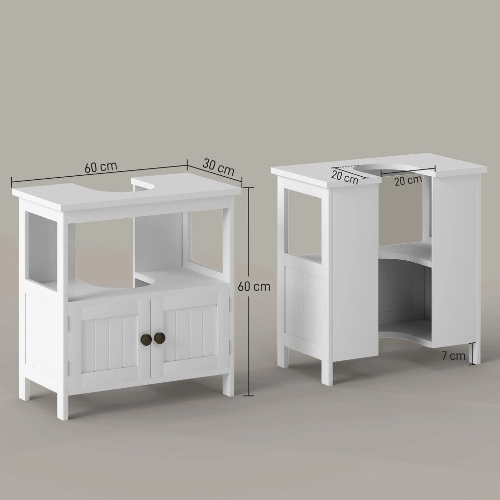 Mobile Sottolavabo con Ripiano e Armadietto, Intaglio e U e 2 Ante, 60x30x60 cm, Bianco