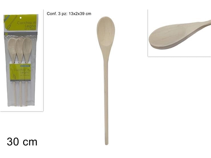 Set 3 Pezzi Mestolame Cucchiaie da Cucina in Legno 30 cm