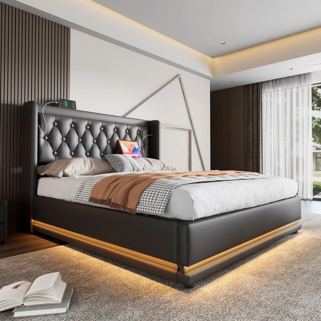 LETTO contenitore 160x200 cm in PU nero con USB Type-C e LED