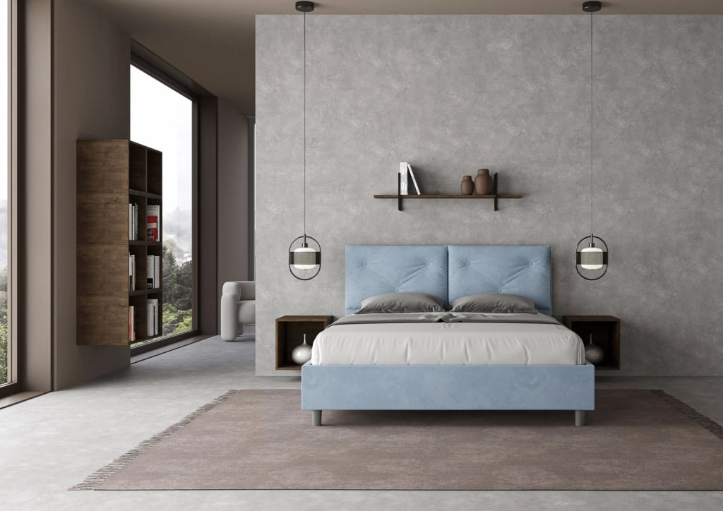 BS COM Letto matrimoniale contenitore doppia alzata imbottito 160x190 microfibra azzurro
