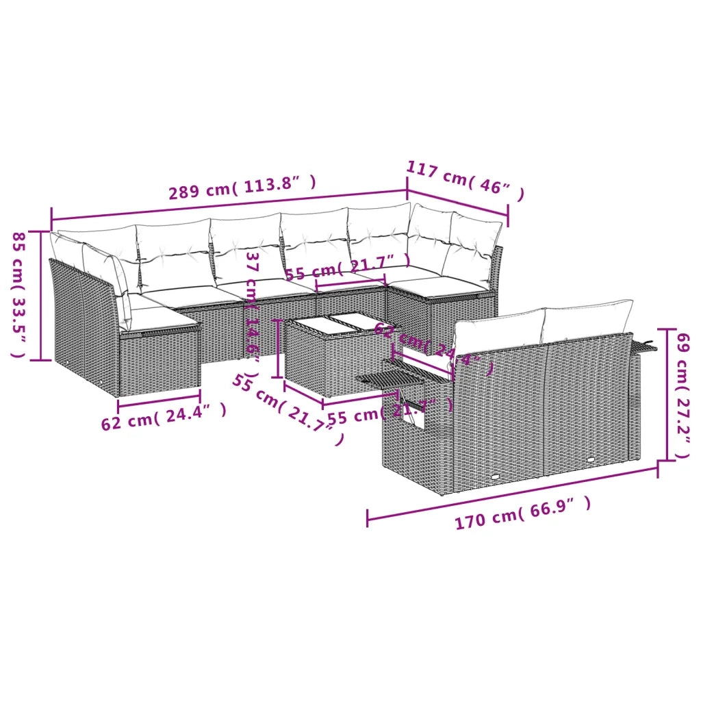 Set Divani da Giardino 10pz con Cuscini in Polyrattan Nero