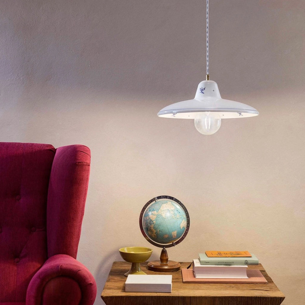 Lampadario Classico Como Ceramica Bianco Decorato Filo Blu 1 Luce E27
