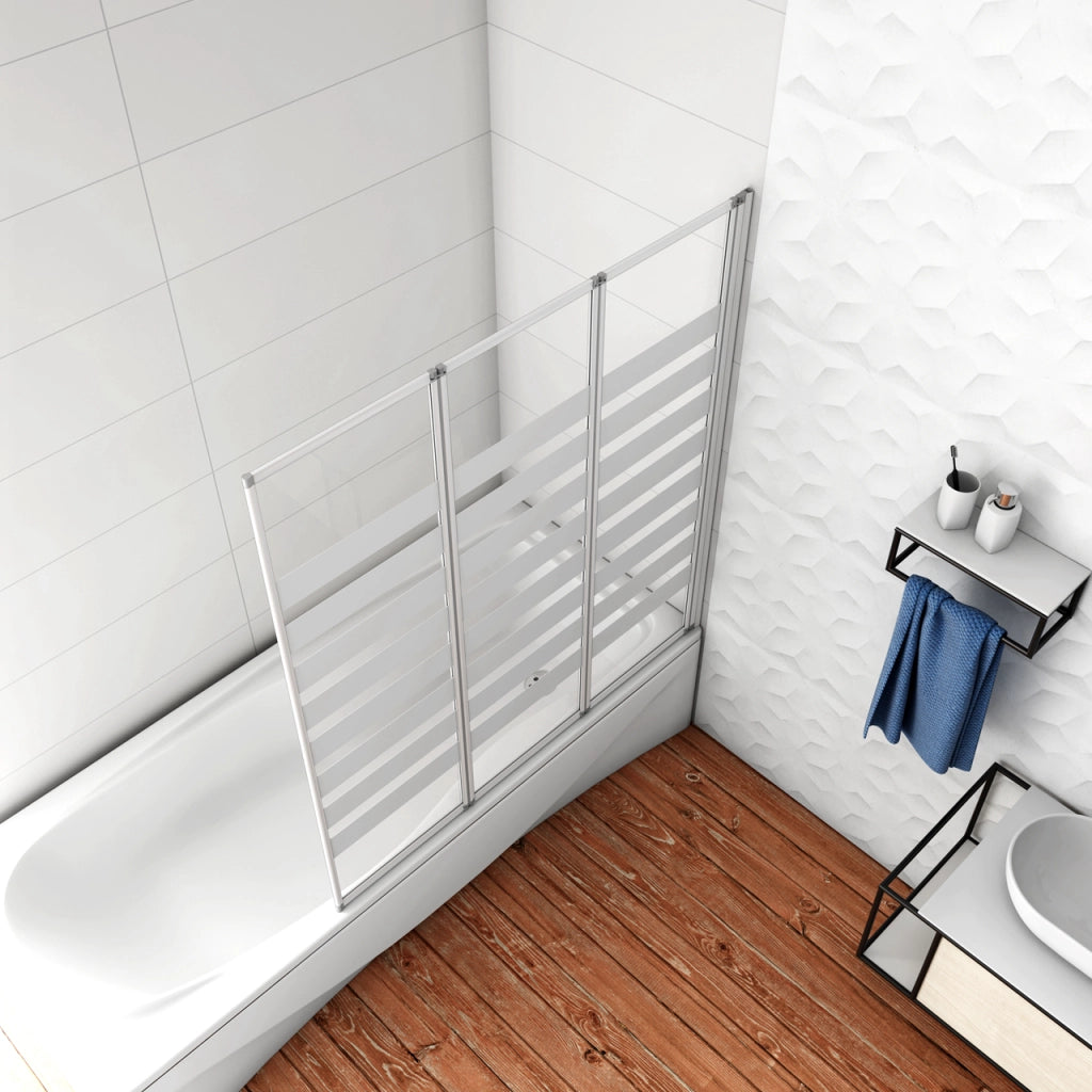 130x140 cm Parete Vasca da Bagno Doccia 3 Ante Pieghevoli a Libro Montaggio Verso Destro Vetro 4 mm Temperato Fasce Bianche Opache Telaio Argento Opaco