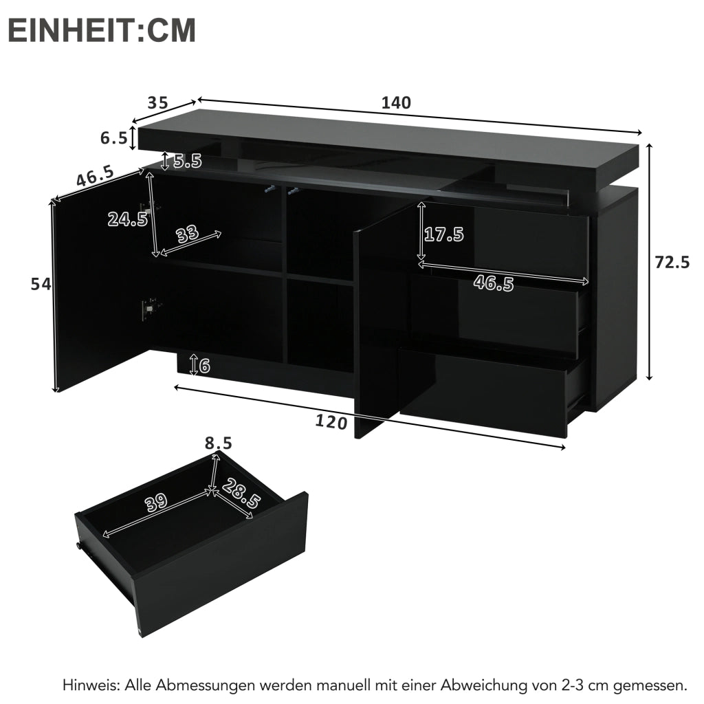 Credenza Moderna con LED ¨C Xylo ¨C Nero Lucido, 2 Ante, 3 Cassetti, 140x35x72.5
