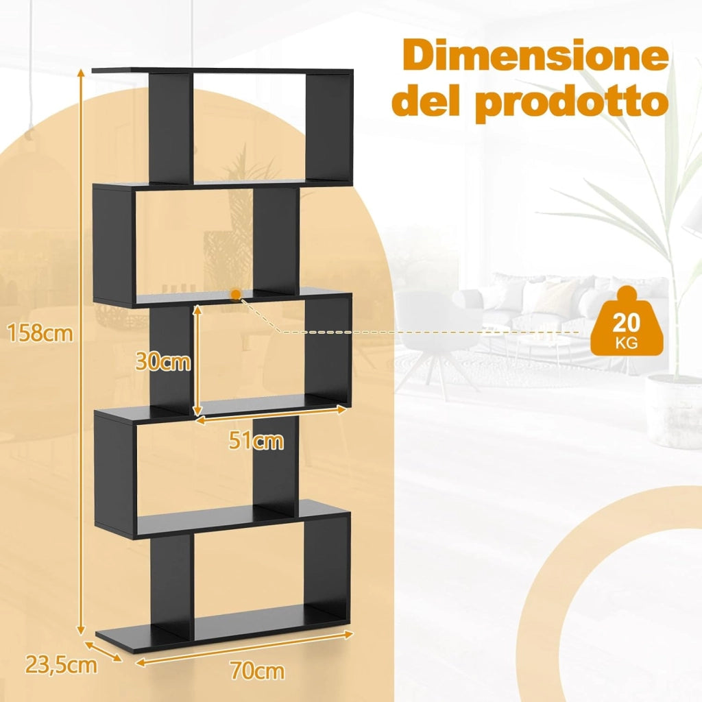 Scaffale a 5 Ripiani in Legno, Libreria Geometrica a Forma di S con Dispositivo Antiribaltamento, per Soggiorno Ufficio Camera da Letto, 70 x 23,5 x 158 cm (nero)
