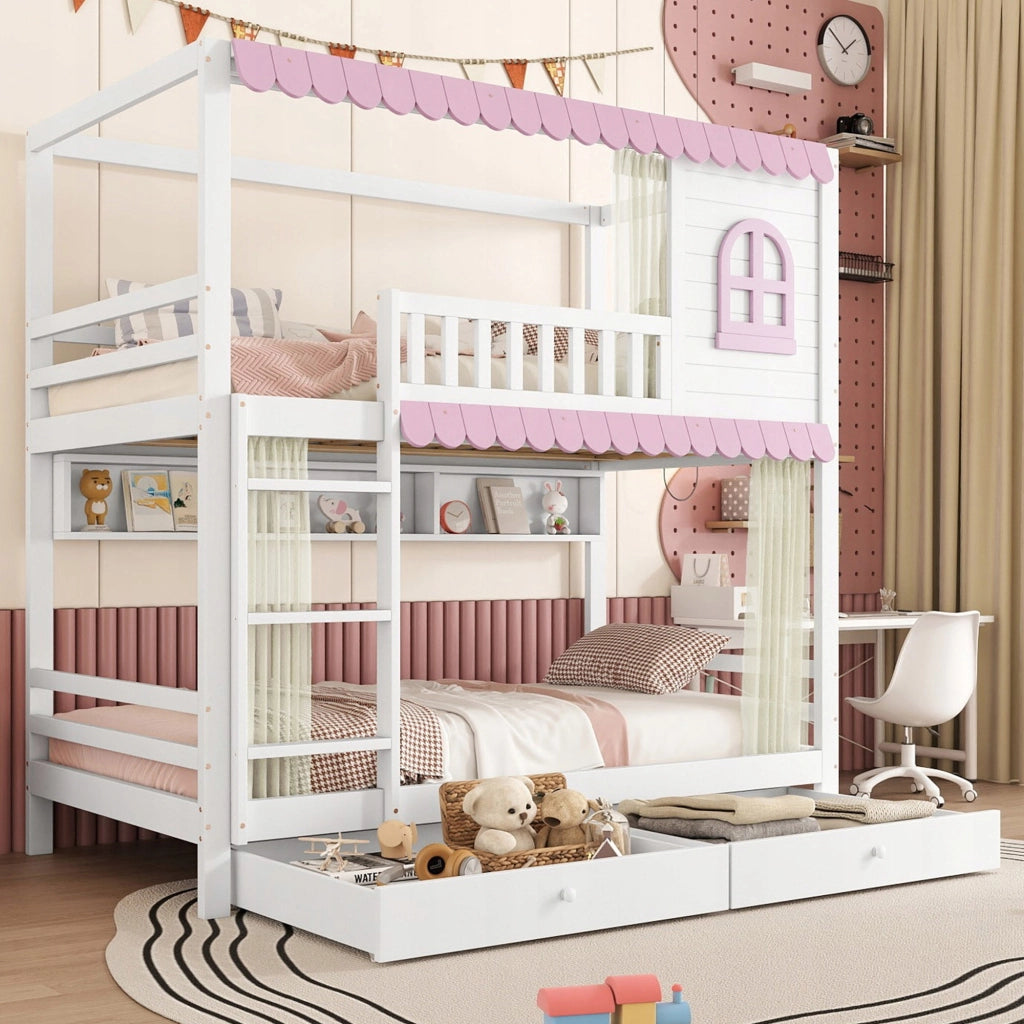 Letto a castello per bambini - Xylo - 90x200 - Bianco-rosa