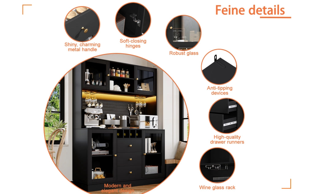 Armadio Alto da Cucina con Luce LED, Ripiani e Portabottiglie ¨C Xylo ¨C Nero