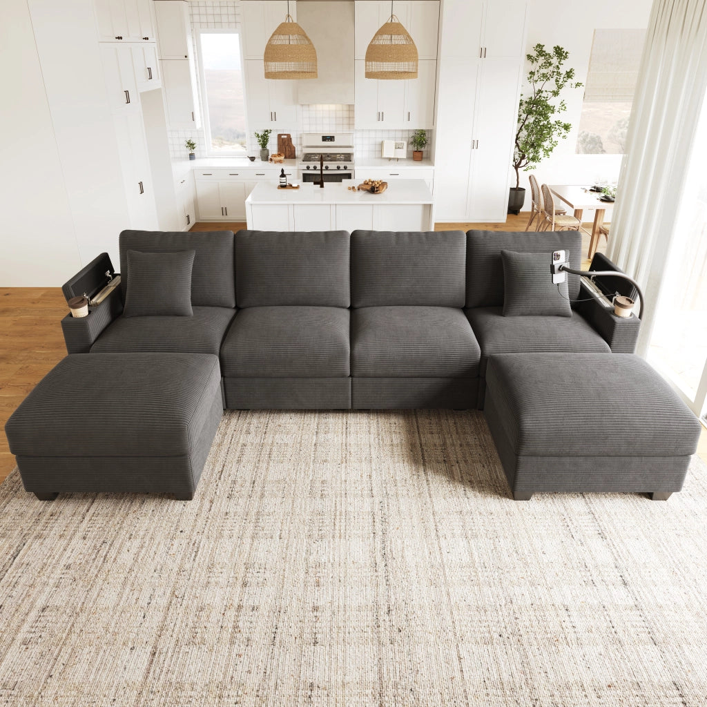 Sistema modulare divano angolare con funzione letto - Zephmum- USB e supporto smartphone, Grigio