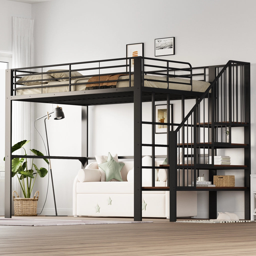LETTO a soppalco con scala 140 x 200 cm Metallo e legno Nero