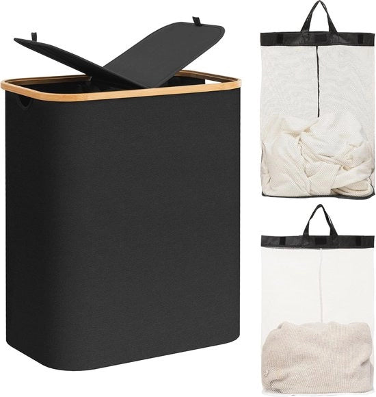 Borsa per Rifiuti con Coperchio e 2 Compartimenti - 140 Litri - Tessuto di Bambù - Nero
