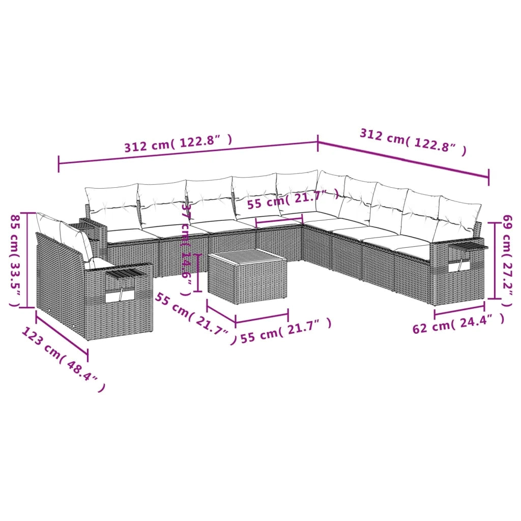 Set Divani da Giardino 12 pz con Cuscini Grigio in Polyrattan 3224646