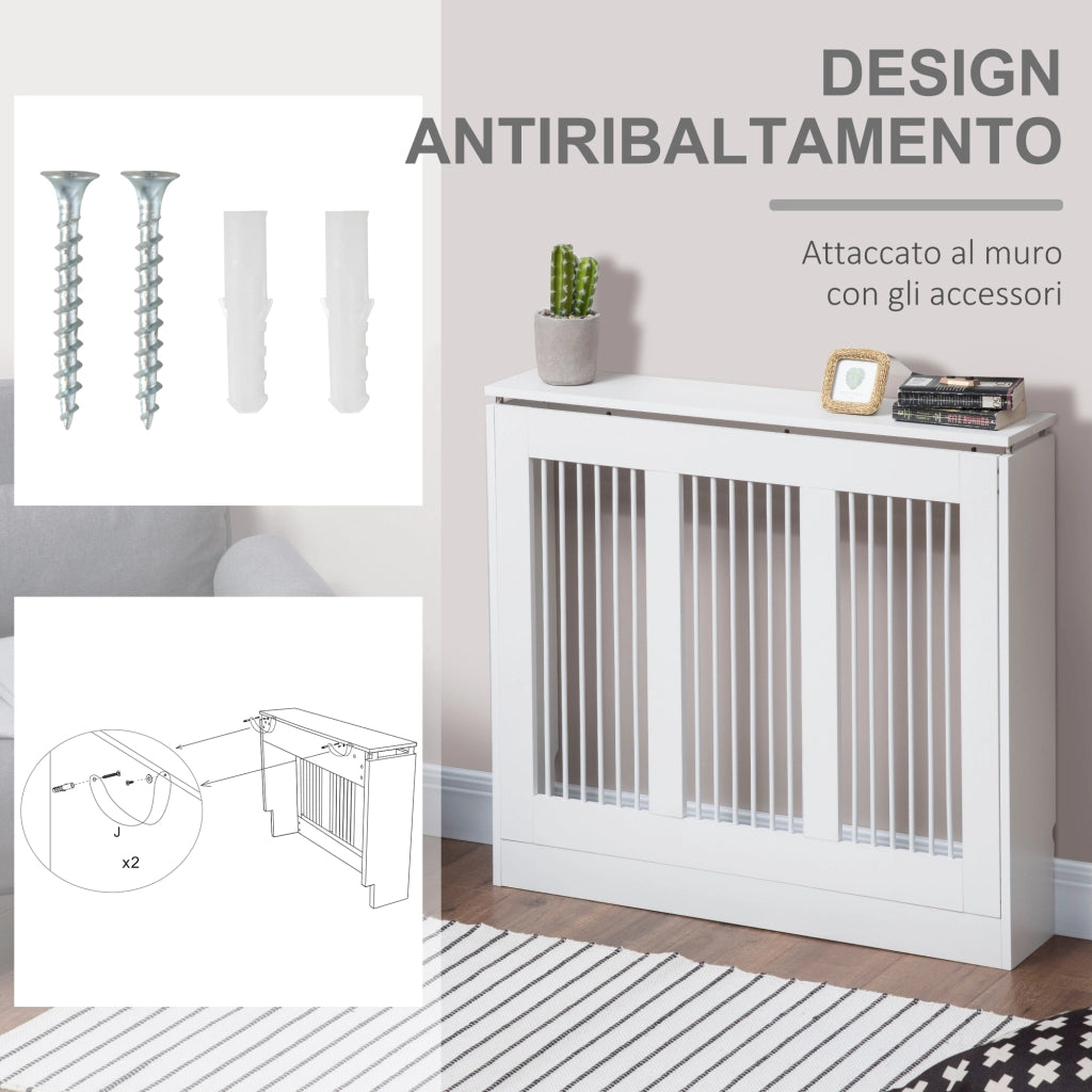 Copritermosifone a Doghe, Copri Termosifone Moderno con Antiribaltamento per Soggiorno, Corridoio, Ufficio, in MDF e Acciaio, 90x18x84cm, Bianco