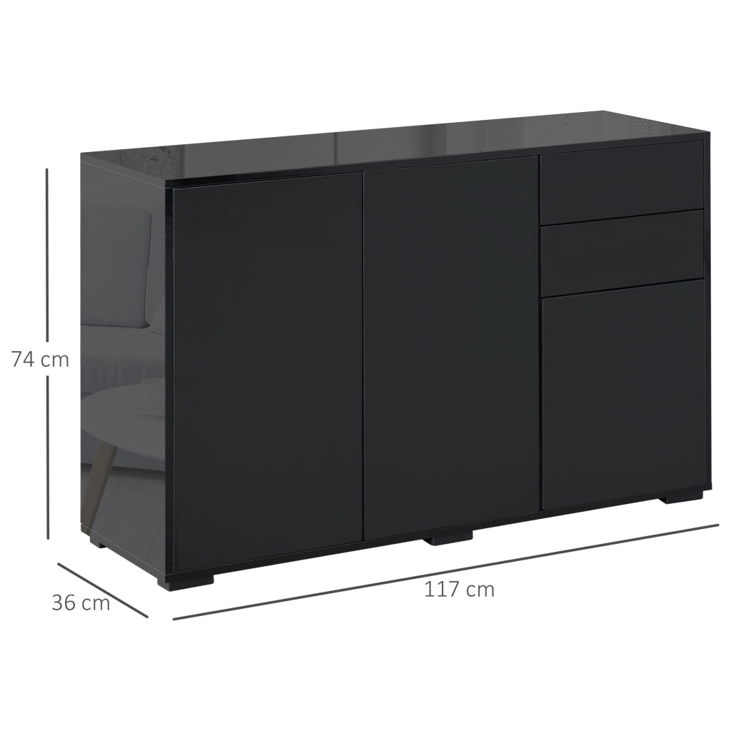 Mobiletto Multiuso Nero con 2 Cassetti e 2 Armadietti ad Apertura a Pressione, 117x36x74cm