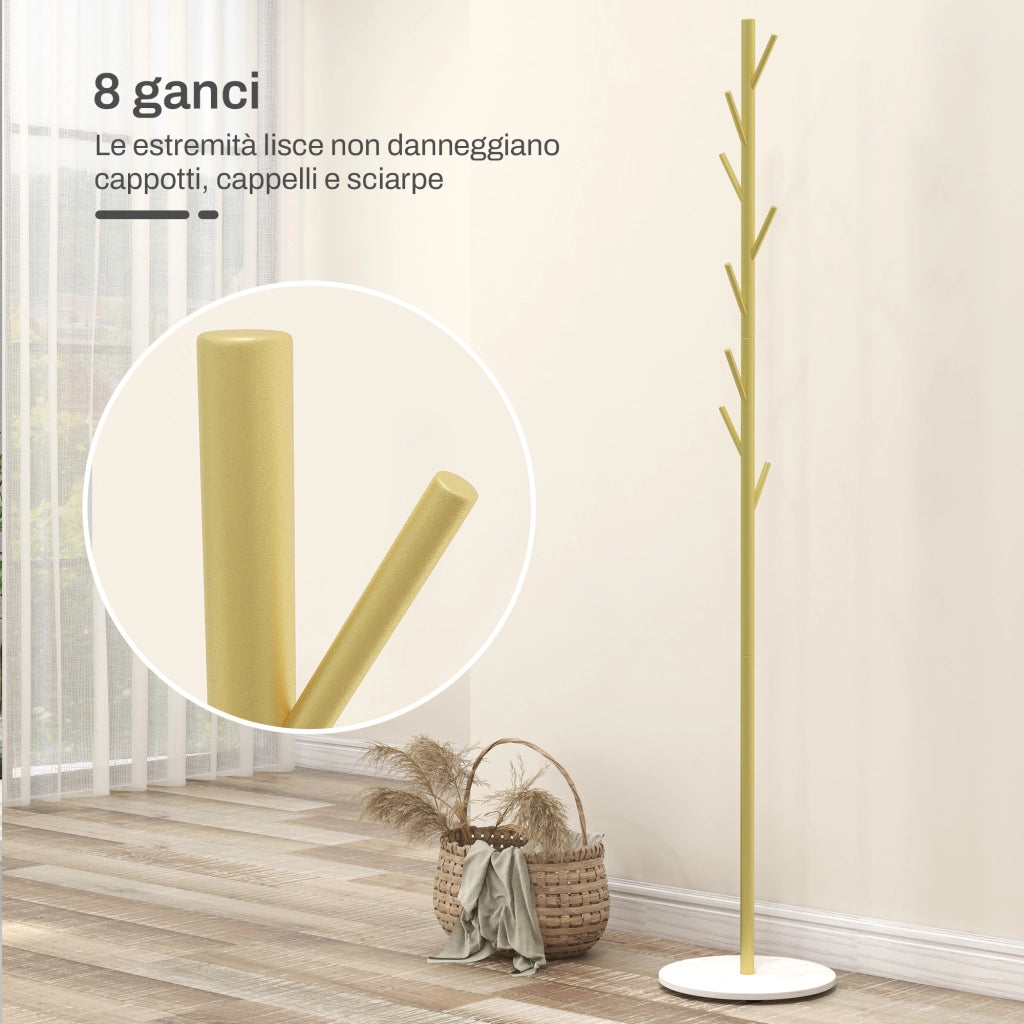 Appendiabiti Autoportante con 8 Ganci e Base in Marmo ¨C Minimal ¨C Oro, Acciaio, ?32x164cm