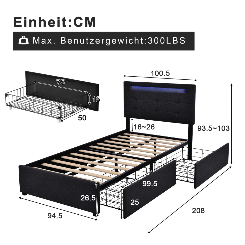 LETTO singolo 90x200 cm con LED, 2 cassetti, lino nero