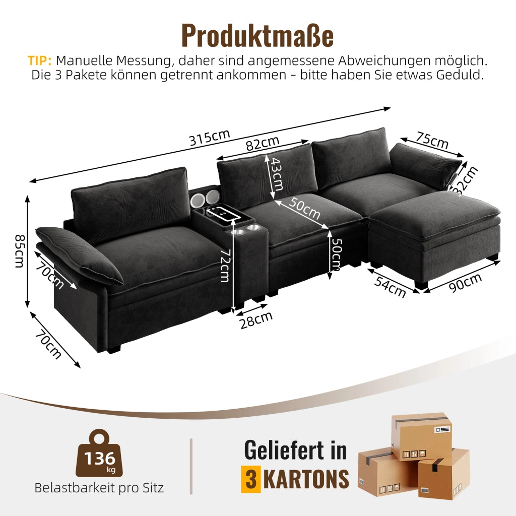 Divano modulare 4 posti con ricarica wireless, luce, altoparlanti e contenitore, Chenille Nero