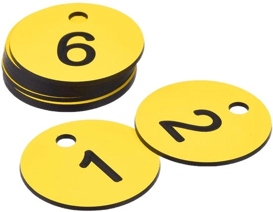 Etichette ID Ronde Decorative - Nummertag - Hanger per Chiavi e Bagagli - Giallo - 10 Pezzi - Adatto per Chiavi e Bagagli