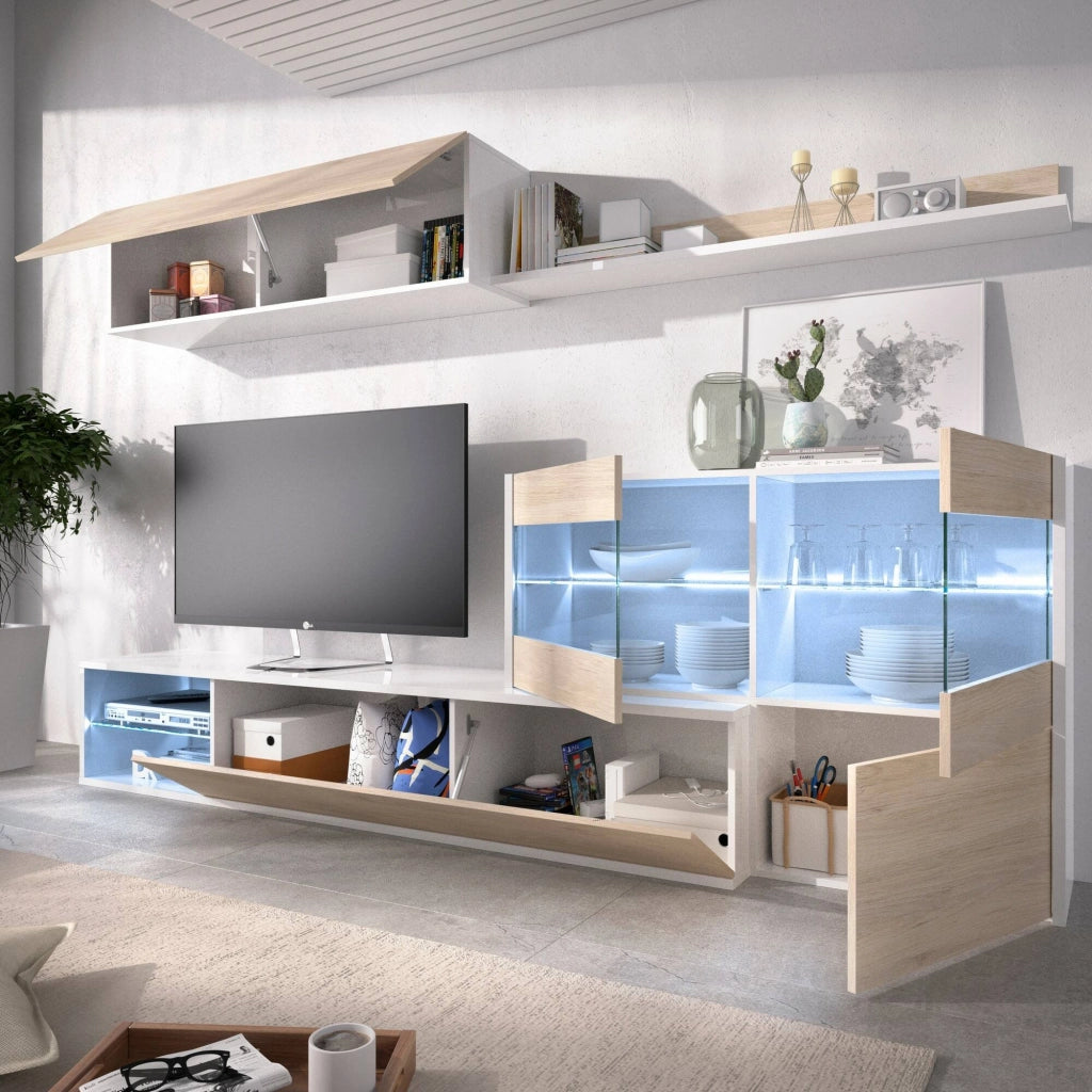 Parete attrezzata Agio, Set da soggiorno modulare ad angolo, Mobile salotto multiposizione con luce LED, 260x41h180 cm, Rovere e Bianco