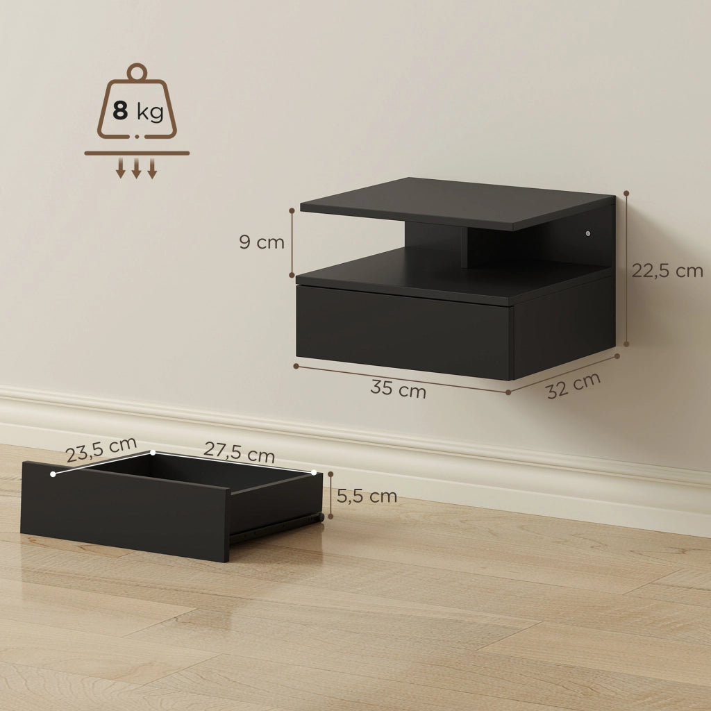 Set 2 Comodini Sospesi Cassetto Parete ¨C Xylo ¨C Nero 35x32x22,5 cm