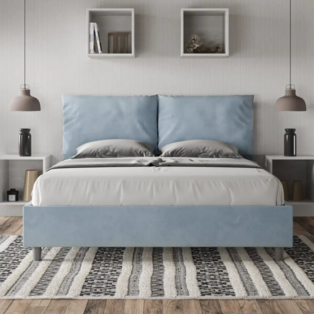 Letto matrimoniale con rete imbottito 160x200 microfibra azzurro Antea